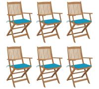 6 Pcs Acacia Wood Folding Garden Chairs with Cushions, Outdoor Patio Furniture Set for Relaxing in Backyard, Beach, Poolside, Foldable Design with Royal Blue Polyester Seat Covers, Supports 110kg