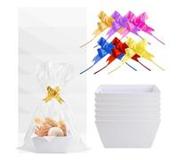 6 Pcs Cesto Regalo, 25x20x11,5cm, Cesti Regali Vuoti con 6 Sacchetti Trasparenti e 6 Fiocchi, Contenitori Kraft con Manici, Vassoio Carta Rettangolare, Confezione Regalo Donna Uomo Festa (Bianco)