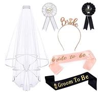 6 PCS Decorazioni per Addio al Nubilato Velo Sposa Fascia Futura Sposa Sposo Spilla Bride to Be Groom to Be Corona Diadema Tiara Sposa Addobbi Accessori Gadget Oggetti Kit per Hen Night Matrimonio