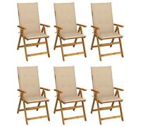 6 Pcs Folding Garden Chairs with Cushions, Solid Acacia Wood Patio Dining Chairs, Vintage Style Outdoor Furniture for Garden Terrace Balcony, 5 Adjustable Positions, Beige Cushion Included