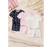 6 pezzi/3 set Completo pigiama casual da ragazza con top a maniche corte e pantaloncini, con stampa a cuori bianchi e rosa con fiocco, e stampa a cuori blu navy su tutto il capo, aderente, collo tondo