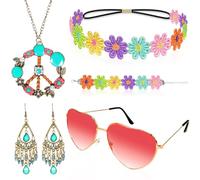 6 Pezzi Accessori Hippie Donna, Anni 60 Anni 70 Accessori Hippie Stile Vintage, Con Hippy Collana Con Segno Di Pace,Occhiali Da Festa Hippie,Orecchini, Cerchietto Con Girasole, Per Carnevale Festa