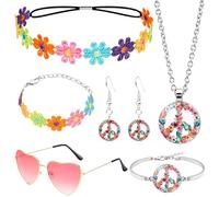 6 pezzi accessori per costume hippie vintage anni '70 Flower Power accessori con margherite copricapo occhiali amore collana orecchini bracciale da donna carnevale feste a tema discoteca, Taglia unica