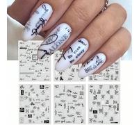 6 pezzi Adesivi per unghie artistici in bianco e nero, parole inglesi gotiche 3D, lettere, cuori, linee geometriche, design di volti astratti, stile Y2K fai-da-te, autoadesivi, decorazioni per San Val