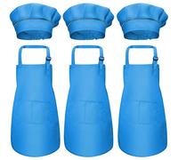 6 Pezzi Bambini Grembiule e Cappello da Cuoco Set, Ragazze Ragazzi Grembiuli da Chef con Tasche, Regolabile Bambino Grembiule da Cucina Giardino per Pittura Cottura Artigianato (7-13 Anni) (Blu)
