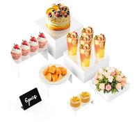 6 pezzi Buffet Riser acrilico supporto per presentazione, supporto per display bianco con 6 set di mini targhette a buffet per tablet e cupcakes, gioielli da collectibles