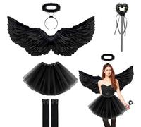 6 pezzi Costume da Angelo Nero,Costume da Angelo da Donna,80cm Ali D'angelo Nero,Adulto Angelo Diavolo Fata con Gonna TuTu, Angeli Alone e Bacchetta Magica,Calze Alte Al Ginocchio (Nero)