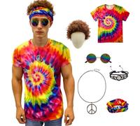 6 Pezzi Costume Hippie Uomo, Anni 70 Hippy Uomo Accessori Set ,Camicia Tie-Dye, Parrucche Hippie, Segno Pace Collana, Braccialetto della Pace, occhiali hippie Fascia, Discoteca Carnevale Cosplay (M)