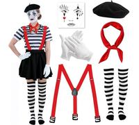 6 Pezzi Costume Mimo Donna, Costume Pantomima Signore con Cappello Nero, Sciarpa Rosso, Calze a Righe Bianche e Nere, Guanti Bianchi, Costume da Clown da Donna per Carnevale Halloween Festa