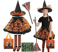6 Pezzi Costume Strega Bambina, Costume Halloween Bambina, Gonna Tutù Ragazza con Cappello Strega, Sacchetto di Zucca, Scopa e Tatuaggi per Ragazze Carnevale Cosplay Mascherata Festa(Arancio)