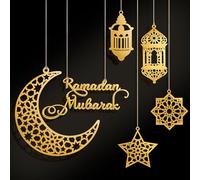 6 Pezzi Decorazione Ramadan Kareem, Decorazione Islamica Luna e Stella Dorata, Set Bandiera e Ganci per Festa Eid Mubarak, Decorazioni per Ramadan, Eid al-Fitr e Festa dello Zucchero (Dorato)