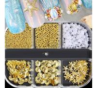 6 pezzi Decorazioni per unghie in oro con conchiglie e stelle marine, rivetti in metallo, perle finte, chiodi misti 3D a forma di conchiglia e stella, accessori per gioielli per unghie, forniture per 