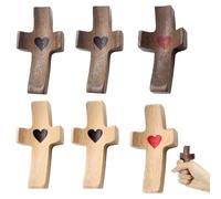 6 pezzi di amuleto a mano a forma di croce in legno intagliato a mano con cuore a croce in legno, compatto e portatile, ideale per la preghiera, battesimi, chiese, regali di incoraggiamento