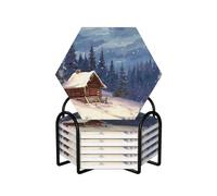 6 pezzi di con supporto,sottobicchieri in ceramica a forma di baita nel bosco,bevande, set di sottobicch