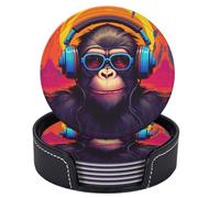 6 pezzi di divertenti sottobicchieri in pelle con scimmietta che ascolta musica per bevande con supporto, tappetino rotondo per tazze, per soggiorno, cucina, caffè, decorazioni