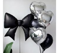 6 pezzi di grandi palloncini neri a forma di fiocco in lamina, palloncini a forma di cuore neri e argento da 18 pollici, adatti per feste di compleanno, festa di nascità, matrimoni, fidanzamenti, anni