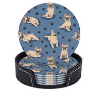 6 pezzi di in pelle con motivo Bulldog francese che fa posizioni yoga per bevande con supporto, tappetino rotondo per tazze, per soggiorno, cucina, caffè, decorazioni