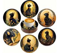 6 pezzi di sottobicchieri in legno con gatti neri e motivo notturno - resistenti al calore, per decorare casa e caffè - accessorio perfetto per il tè del pomeriggio e regali per le festività Tagli Uni