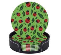 6 pezzi di sottobicchieri in pelle a forma di coccinella con foglia verde per bevande con supporto, sottobicchieri rotondi per soggiorno, cucina, caffè, decorazioni