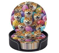 6 pezzi di sottobicchieri in pelle con cani Shiba Inu sorridenti per bevande con supporto, sottobicchieri rotondi per tavolo e scrivania, set di sottobicchieri per tazze per soggiorno, cucina, caff
