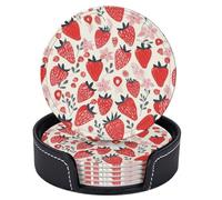6 pezzi di sottobicchieri in pelle con motivo a fiori di fragole per bevande con supporto, sottobicchieri rotondi per tavolo e scrivania, set di sottobicchieri per tazze per soggiorno, cucina, caff