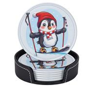 6 pezzi di sottobicchieri in pelle con motivo a pinguino che scia, per bevande, con supporto, tovaglietta rotonda, set di sottobicchieri per tazze, per soggiorno, cucina, caffè, decorazione