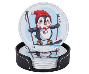 6 pezzi di sottobicchieri in pelle con motivo a pinguino che scia, per bevande, con supporto, tovaglietta rotonda, set di sottobicchieri per tazze, per soggiorno, cucina, caffè, decorazione