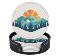 6 pezzi di sottobicchieri in pelle con paesaggi di montagna e foresta con il sole per bevande con supporto, sottobicchieri rotondi da tavolo e scrivania, set di sottobicchieri per tazze per soggior