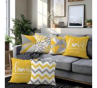 6 pezzi Federa decorativa moderna e minimalista con stampa floreale geometrica gialla e grigia "casa Sweet casa & Love Lives Here", senza inserto, dimensioni 45x45cm/50x50cm/40x40cm, stampa su un lato