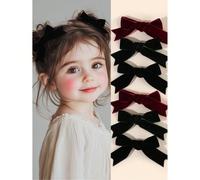 6 pezzi Fiocchi per capelli in velluto per ragazze, fermagli a coccodrillo in tinta unita per neonati e bambini, fermagli per capelli con fiocchi rosso vino e nero con fodera completa, barrette casual