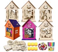 6 Pezzi Kit Casetta di Zucca in Legno per Halloween, Bambini Kit fai da te per Casetta Luminosa in Legno, Cottage in Legni con Candele LED, Costruire e Dipingere, Feste Halloweendeko Regali Bambini