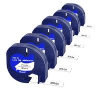 6 Pezzi Nastro per Etichette In Plastica, Compatibile con Dymo LetraTag Plastica Nastri 12mm x 4m Nero su Bianco, Compatibile con Dymo LT-110T LT-100H LT-2000 LT- QX50, Ideale per la Casa e L'ufficio