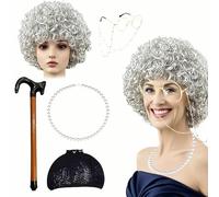 6 pezzi Old Nonna Cosplay Costume Set Parrucca Grigio Nonna Parrucca con Vecchia Donna Parrucca Capo Collana di Perline Occhiali Collane & Bastone Da Passeggio Gonfiabile Per Halloween Carnevale