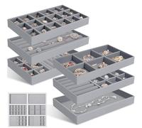6 Pezzi Organizzatore Vassoio Gioielli Velluto, Espositore Gioielli Impilabili, Organizer Vassoi Porta, Inserto Cassetto per Conservare ed Esporre Orecchini, Collane, Anelli, Bracciali (Grigio)