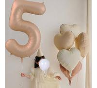 6 pezzi Palloncini giganti a forma di numero in caramello con cuori bianchi in elio, stile caffè e panna, per decorazione festa di compleanno o anniversario 7,5,9,2,3,4,6,8,1,0Poliammide