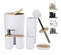 6 pezzi Set di accessori per il bagno in plastica e bambù, inclusi cestino dei rifiuti, dispenser di sapone, portasapone, portaspazzolino, bicchiere, adatto per regali di compleanno, vacanze, inaugura