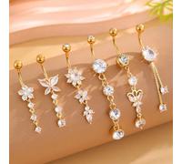 6 pezzi Set di anelli per l'ombelico con catena a farfalla dorata, gioielli da piercing in acciaio inossidabile classici, adatti per uso quotidiano, regali per le vacanze, accessori per feste Tagli Un