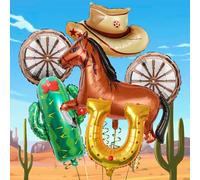 6 pezzi Set di decorazioni per feste di compleanno a tema western, include palloncini a forma di cappello da cowboy marrone, palloncini in lamina a forma di cavallo marrone, ferro di cavallo, pallonci