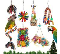 6 pezzi set di giocattoli per uccelli, corda di cotone per arrampicarsi, palla di vimini colorata, rattan casuale, per piccoli/medi pappagalli da masticare, macinare, mordere, decorazione gabbia pappa