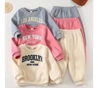 6 pezzi Set di maglioncino a girocollo a maniche lunghe e pantaloni jogger in vita elastica con motivo a lettere vintage per bambina 6-9M,9-12M,12-18M,18-24M,2-3YGrafico,LettereTessuto