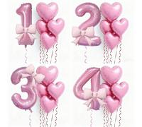 6 pezzi Set di palloncini rosa con numeri da 0 a 9, include decorazioni a forma di cuore e fiocco - Decorazioni per feste di compleanno adatte per festa di nascità, feste di compleanno da 1 a 6 anni, 