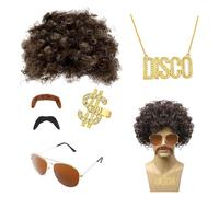 6 Pezzi Set Di Parrucca Da Discoteca Hippie Afro Parrucca Con Barba, Squillo e Collana Parrucche Da Uomo Anni '70 Anni '80 Parrucca Afro Funky Accessori Per Carnevale, Feste In Costume, Halloween