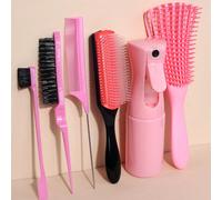 6 pezzi Set di spazzole districanti con 9 file, spazzole per acconciatura con cuscinetto in nylon, pettine a coda di ratto e pettine da taglio, adatto per capelli afro-americani con texture crespa, on