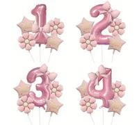 6 pezzi/set Palloncini a tema numeri rosa e papillon, con palloncini a forma di margherita, "Buon Compleanno" e stelle, adatti per feste di compleanno, celebrazioni, anniversari, festival, sfondi, fes