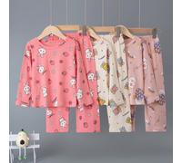 6 pezzi Set pigiama primaverile/autunnale per ragazze giovani, composto da top a maniche lunghe e pantaloni, con stampa all-over di coniglietti e orsetti, leggero 6Y,7Y,4Y,5Y,2-3YFumetto,Frutta & verd