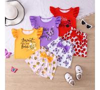 6 pezzi/Set Top casual da ragazza con stampa lettere, ape, farfalla, sette stelle e coccinella, con fiocco 3D e shorts con stampa animalier all-over a taglio casuale, outfit da esterno primavera/estat