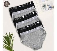 6 pezzi Slip triangolari da donna, biancheria intima aderente, colore unito, stile basic, stampa lettera d'amore sulla fascia in vita, multicolore L,M,S,XLBlocchi di coloreTessuto