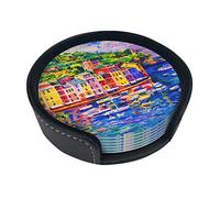 6 Pezzi Sotto chieri in Pelle per Bevande con Supporto Dipinto ad Olio Colorato Porto Città e Barche Set di Sotto chieri Tavolo per Bevande Sotto chieri per Soggiorno Cucina Caffè Decor