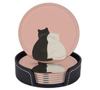 6 pezzi sottobicchieri in pelle rosa e nera con motivo a gatto per bevande con supporto, sottobicchieri rotondi per tavolo e scrivania, set per soggiorno, cucina, caffè, decorazioni