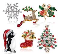 6 Pezzi Spilla di Natale in Cristallo di Strass, Spille di Natale Elegante Moda Spilla per Celebrazione Festa di Natale, Fiocco di Neve, Pinguino, Arco a Campana, Renna, Albero di Natale e Stivali